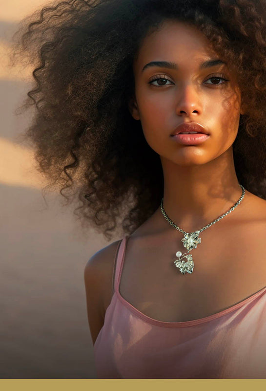 Danish jewellery - Flower pendant necklace with organic leaves in sterling silver and two pearls – on model – Livva