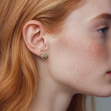 Hjerte-øreringe i guld - geometriske symbolske smykker på kærlighed eller som julehjerte, vist på øre - Livva