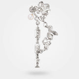 Silver floral earrings – Organic jewellery in sterling silver, with surreal leaves, chains, and a white pearl – Livva