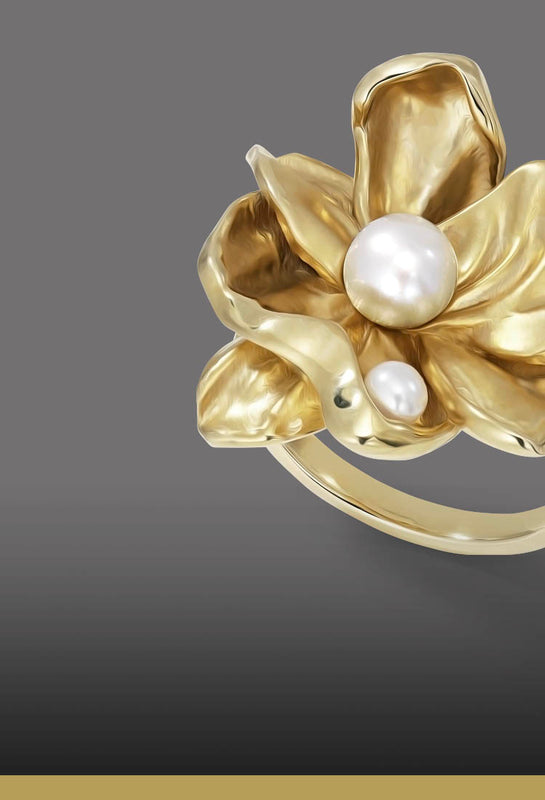 Unique designer ring - A bold luxury statement floral ring in 14k gold with 2 white pearls