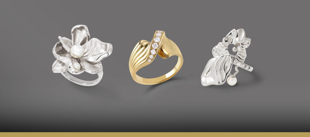 Unique designer rings - 3 bold luxury statement rings in gold and sterling silver with pearls