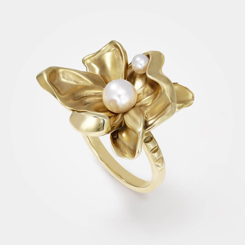 Floral gold ring - A big statement ring with 2 white pearls & studs - Alva Florali collection