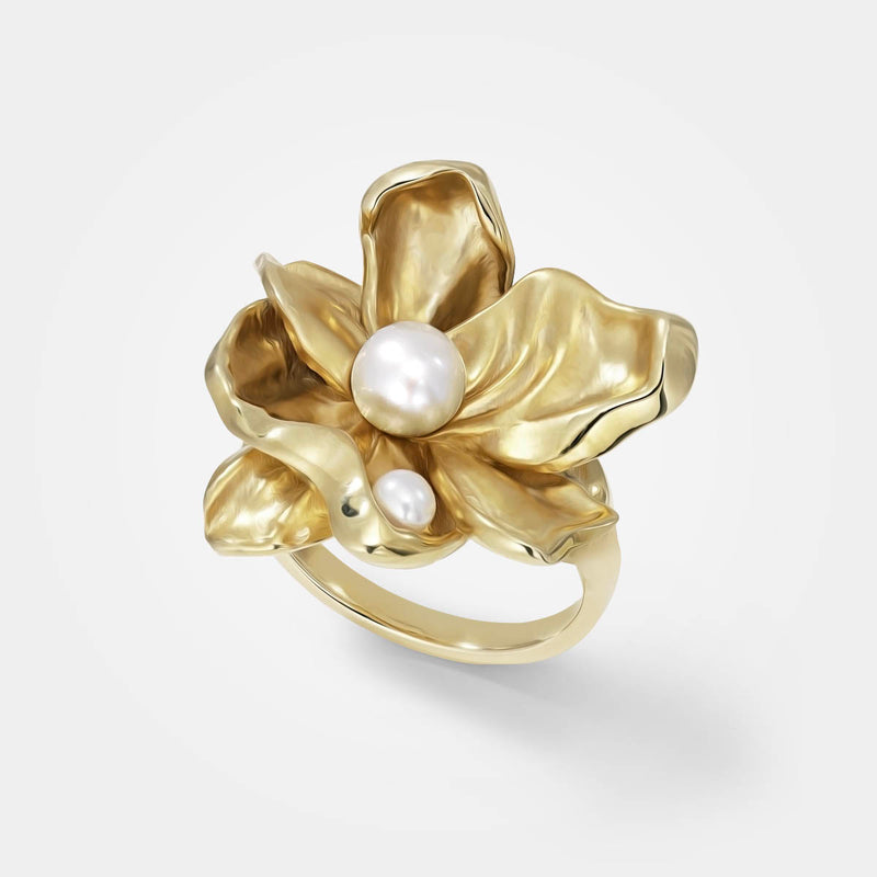 Floral gold ring - A big statement ring with 2 white pearls - Alva Florali collection