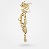 Gold floral earrings - Organic jewellery design in gold, with surreal leaves, chains, and a white pearl – side view - Livva