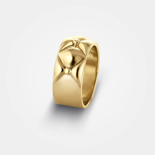 Gold ring jewellery - A quilted simple ring - Straight design meets lush organic top - Sofia Chester collection.