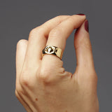 Gold ring jewellery on finger - A quilted simple ring - Straight design meets lush organic top - Sofia Chester collection.