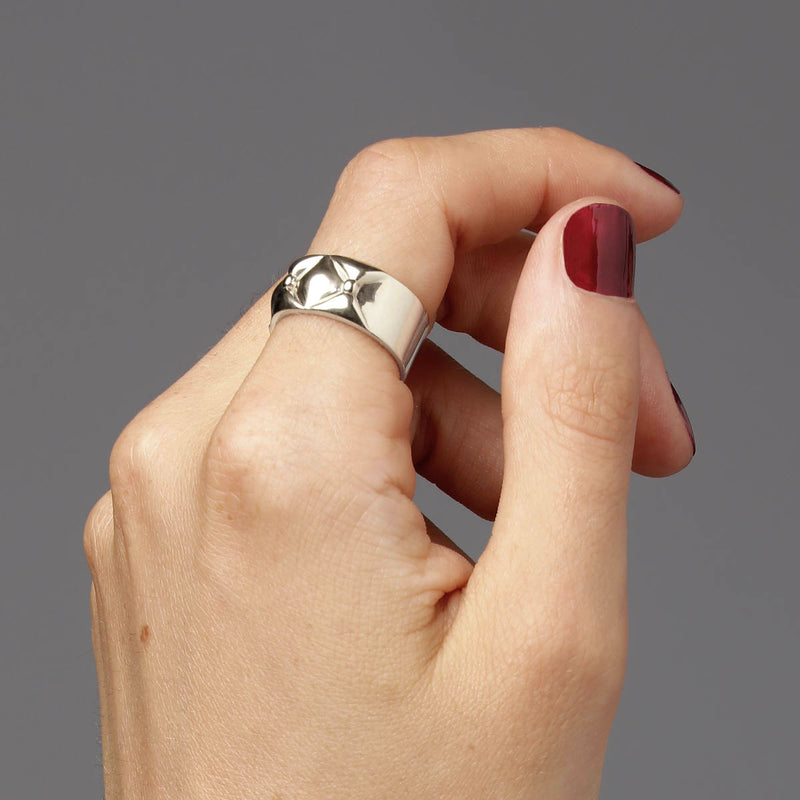 Quilted ring in sterling silver - simple straight band meets chunky organic crosshatch top - Sofia Chester collection on model