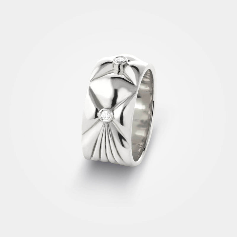 Quilted ring in chunky sterling silver with white diamonds - Cool organic wide jewellery design - Sofia Chester collection.