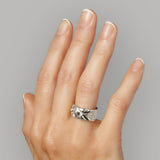 Quilted ring in chunky sterling silver with white diamonds - Cool organic wide Sofia Chester jewellery design on model. 