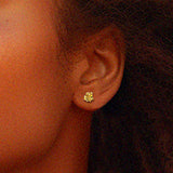 Small flower earrings gold – Organic jewellery with nature-inspired surreal leaves in gold – shown on ear – Livva