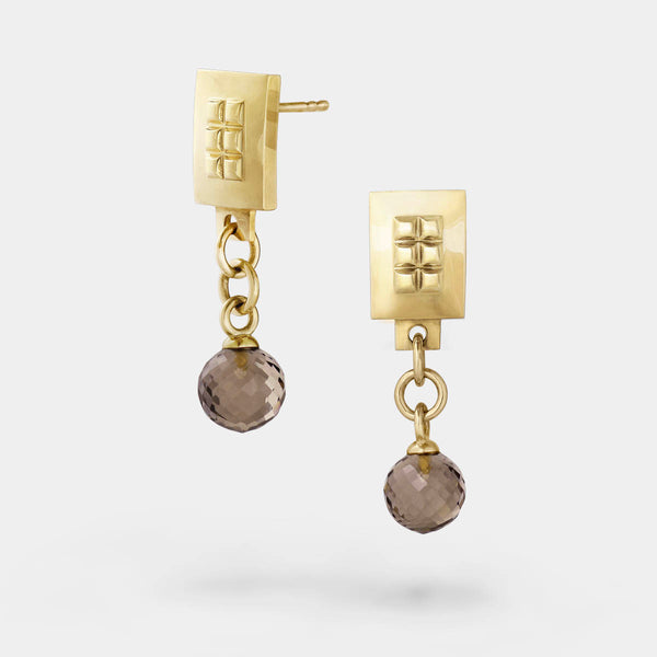 Gold square earrings – Square design with tiny studs & an elegant smoky quartz gemstone dangle – Livva Østerby.