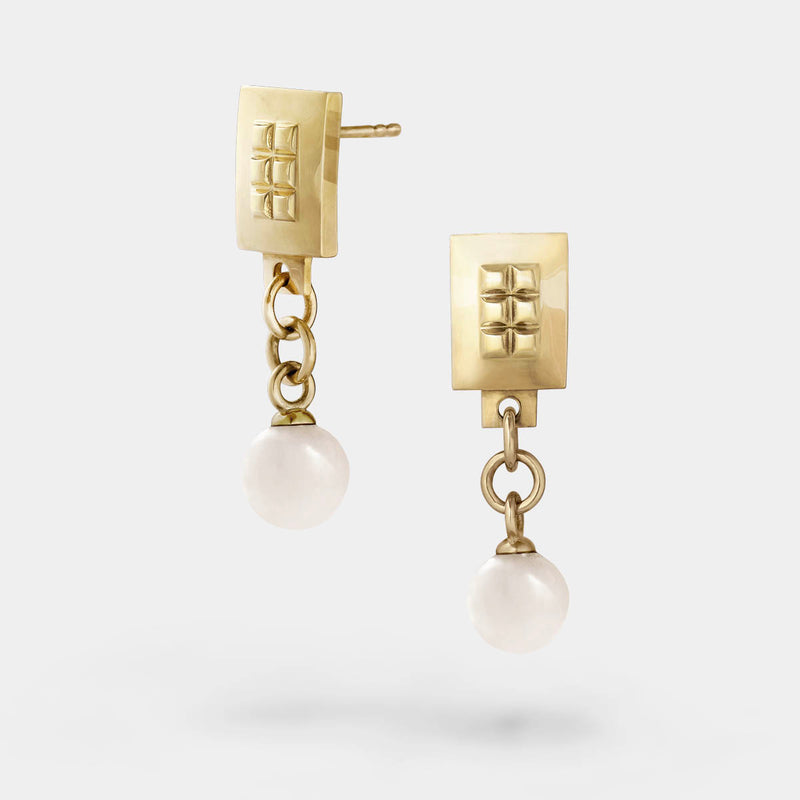 Square earrings – Square gold design with tiny studs & elegant snow quartz gemstone dangle – Livva Østerby.