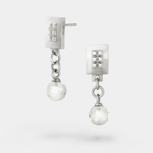 Silver square earrings – Square design with tiny studs & elegant clear quartz gemstone dangle – Livva Østerby.