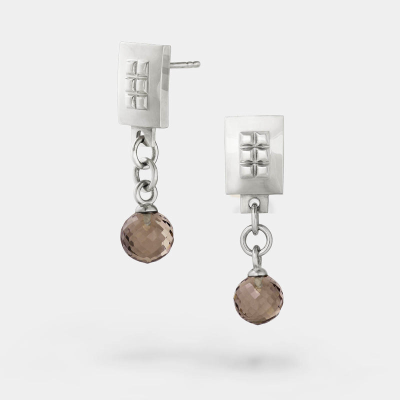 Earrings square silver – Square design with tiny studs & elegant smoky quartz gemstone dangle – Livva Østerby.