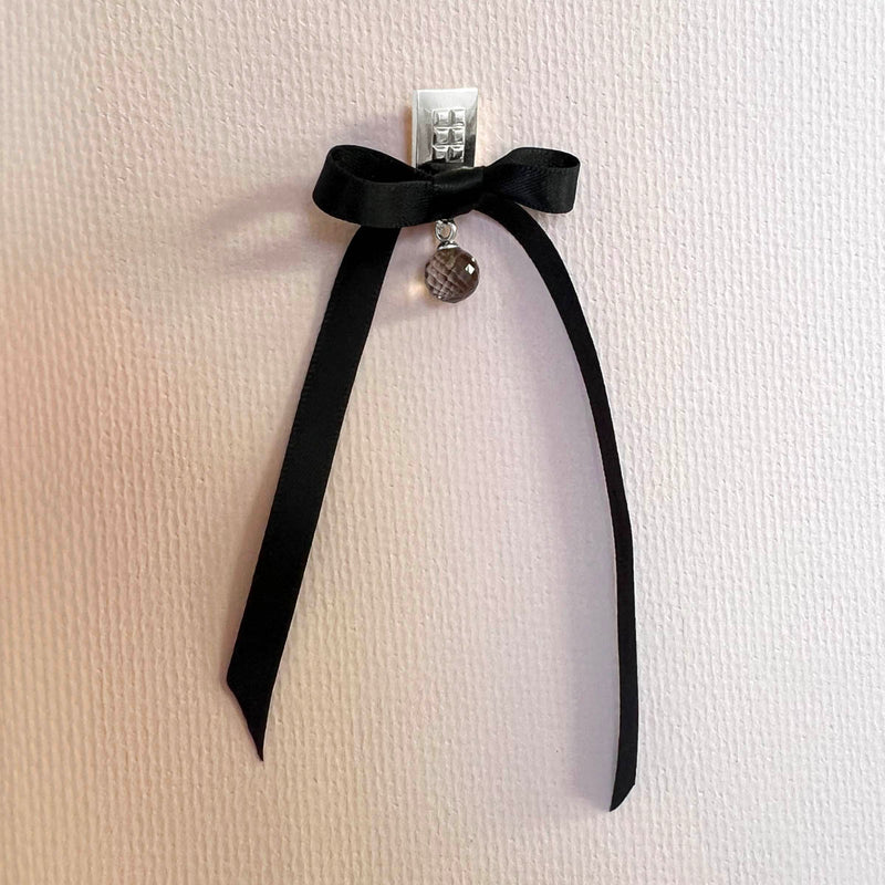 Earrings square silver – Square design with tiny studs & elegant smoky quartz gemstone dangle with black satin bow – Livva Østerby.