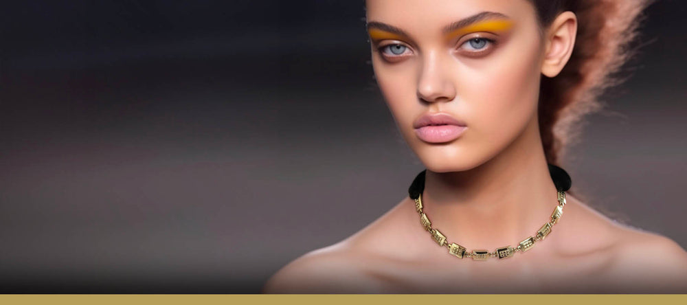Square jewellery - Square chain necklace in chunky gold with tiny studs & elegant black satin ribbon closure, on posh model wide – Livva Østerby.