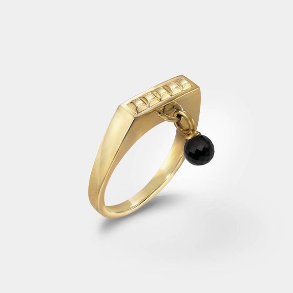 Square ring gold – A sleek square design with tiny studs and a black spinel dangle charm – Livva.