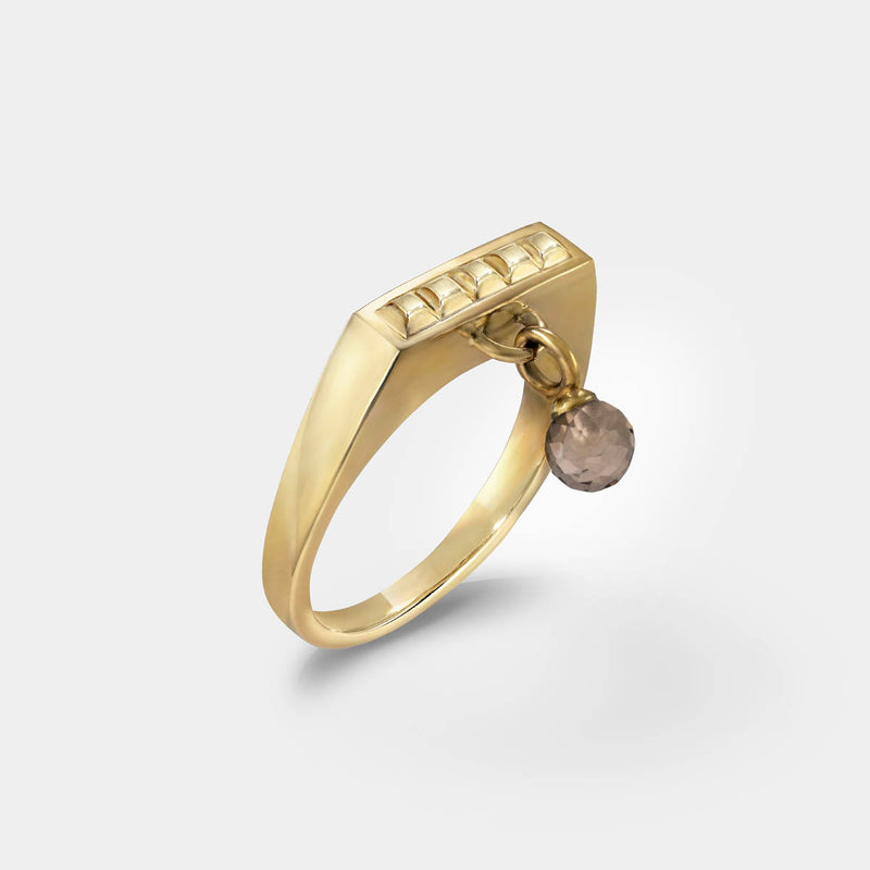 Gold square ring – Sleek square design with tiny studs and a smoky quartz dangle charm – Livva Østerby.