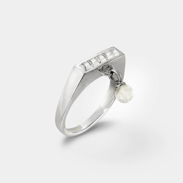 Square ring silver – Sleek square design with tiny studs & a clear quartz dangle charm – Livva Østerby.