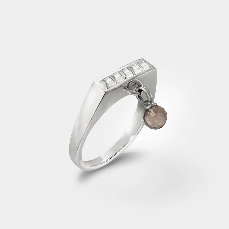 Square sterling silver ring – Sleek design with tiny studs & a smoky quartz dangle charm – Livva Østerby.