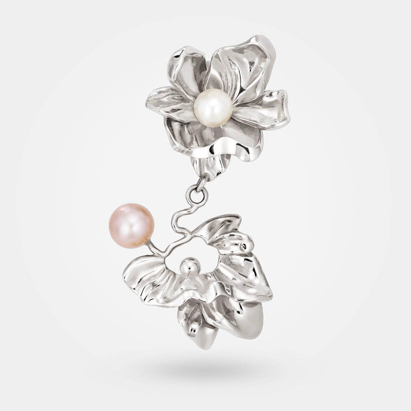 Statement flower earrings - in sterling silver 925 with a white- and a pink pearl – Alva Florali collection