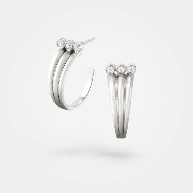 Triple hoops – Cool sterling silver earrings with white diamonds - 3 simple hoops merging into one – Skylar Sway collection.