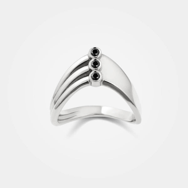 V Ring - shaped like a V in sterling silver with 2 sides divided by 3 vertical black diamonds – Skylar Sway collection.