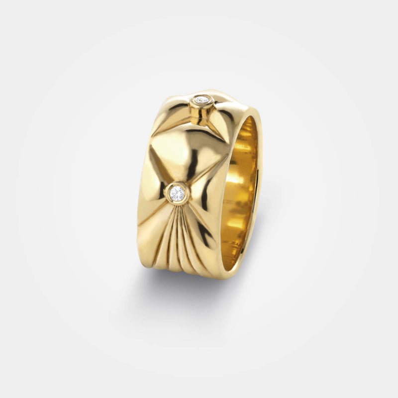 Wide gold ring with diamonds  - A sculptural Danish design with quilted organic top & 3 white diamonds - Livva