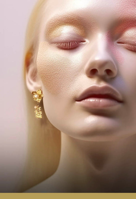 Gold-plated sterling silver - Organic jewellery with floral drop earrings made of leaves and two pearls, on dreamy model - Livva