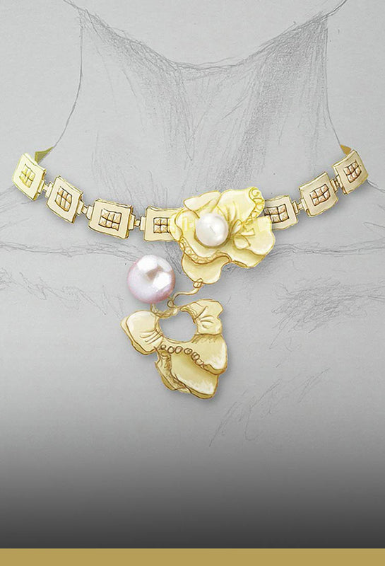 Smykke-skitse - Håndtegning, der viser min proces med en organisk blomster ørering og en firkantet statement halskæde med nitter i guld – Livva