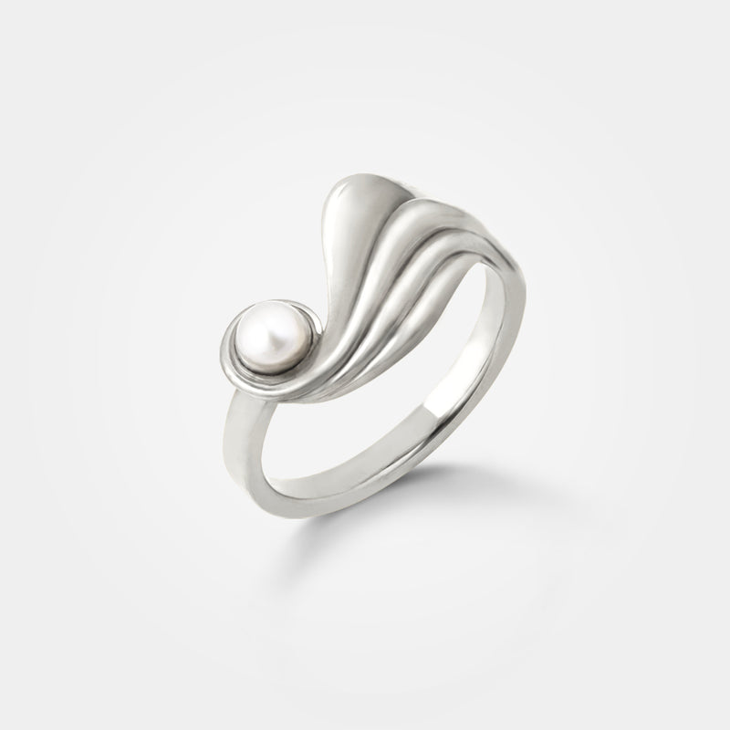 Wavy silver ring - Danish design of organic waves in sterling silver with white Akoya saltwater pearl - Livva